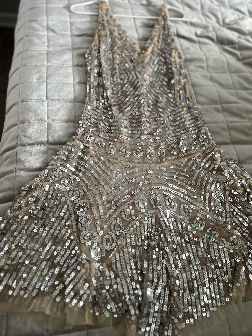 Free People Sequin Fringe Mini Dress in Nude and Silver